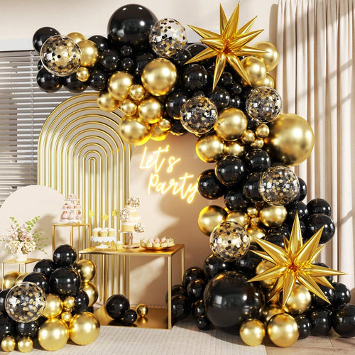 100pcs Black & Gold Balloon Garland Arch Kit, Black & Gold Star Balloons, Suitable For Boy/Girl Birthday, Graduation, New Year, Retirement, Anniversary, Wedding & Engagement Party Decor