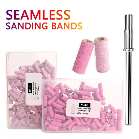 100pcs/Box Seamless Sanding Bands Kit: Pink Small Mini Nail Art Grinding Sanding Bands With Bit, Electric Grinding Machine Nail Grinding Head, Nail Removal Sand Bands, Nail Grinding Tool #180/#240