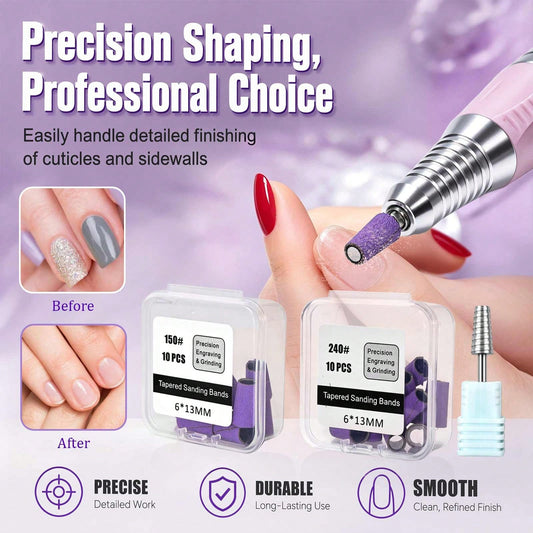 10Pcs Boxed Purple Conical Tapered Nail Sanding Bands 150# 240# Grit 6*13mm Nail Drill Sand Rings For Cuticle Groove Grinding Manicure Pedicure Tools