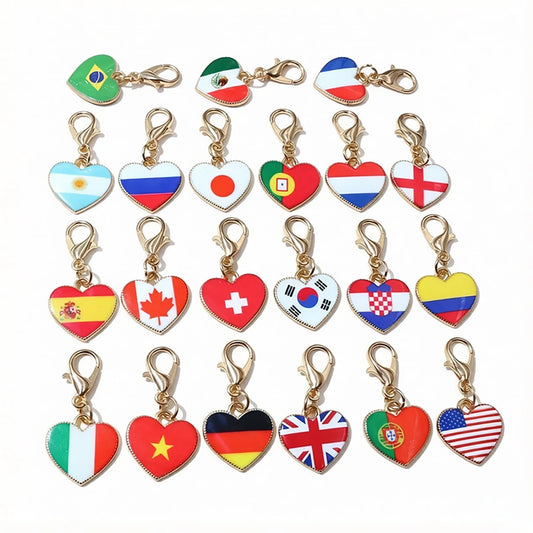 10pcs Enamel National Flags Of Countries Heart Charms Pendant With Lobster Clasp DIY Jewelry Accessories For Keychain Bracelet