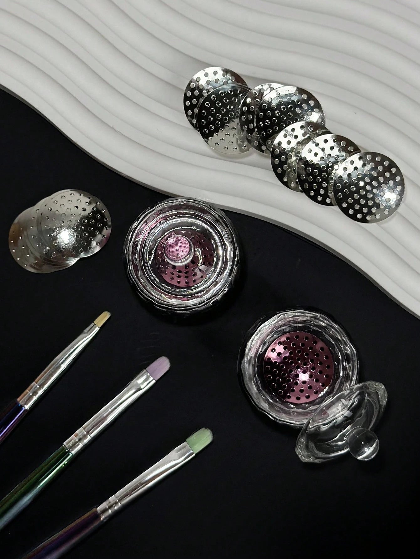 10pcs Round Multi-Hole Nail Art Brush Cleaning Mesh With Glass Brush Cleaning Cup Nail Art Tool Set