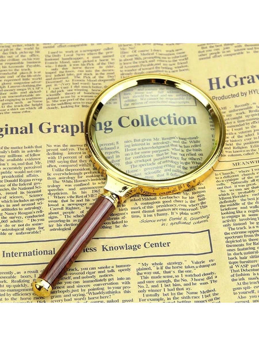 10X Handheld Reading Magnifier Lens, Diameter 60mm/70mm/80mm/90mm/100mm, Faux Wood Handle, Gold-Plated