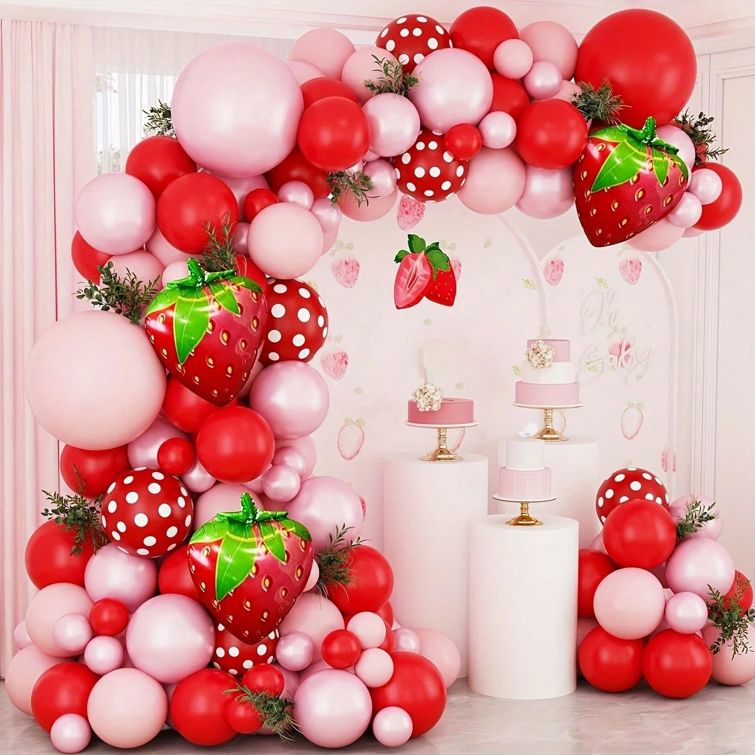 111 Pieces Of Red, Pink, And Strawberry Aluminum Balloon Garland Set, Used For Decorating Boys, Girls, Children's Birthdays, Baby Showers, And Parties