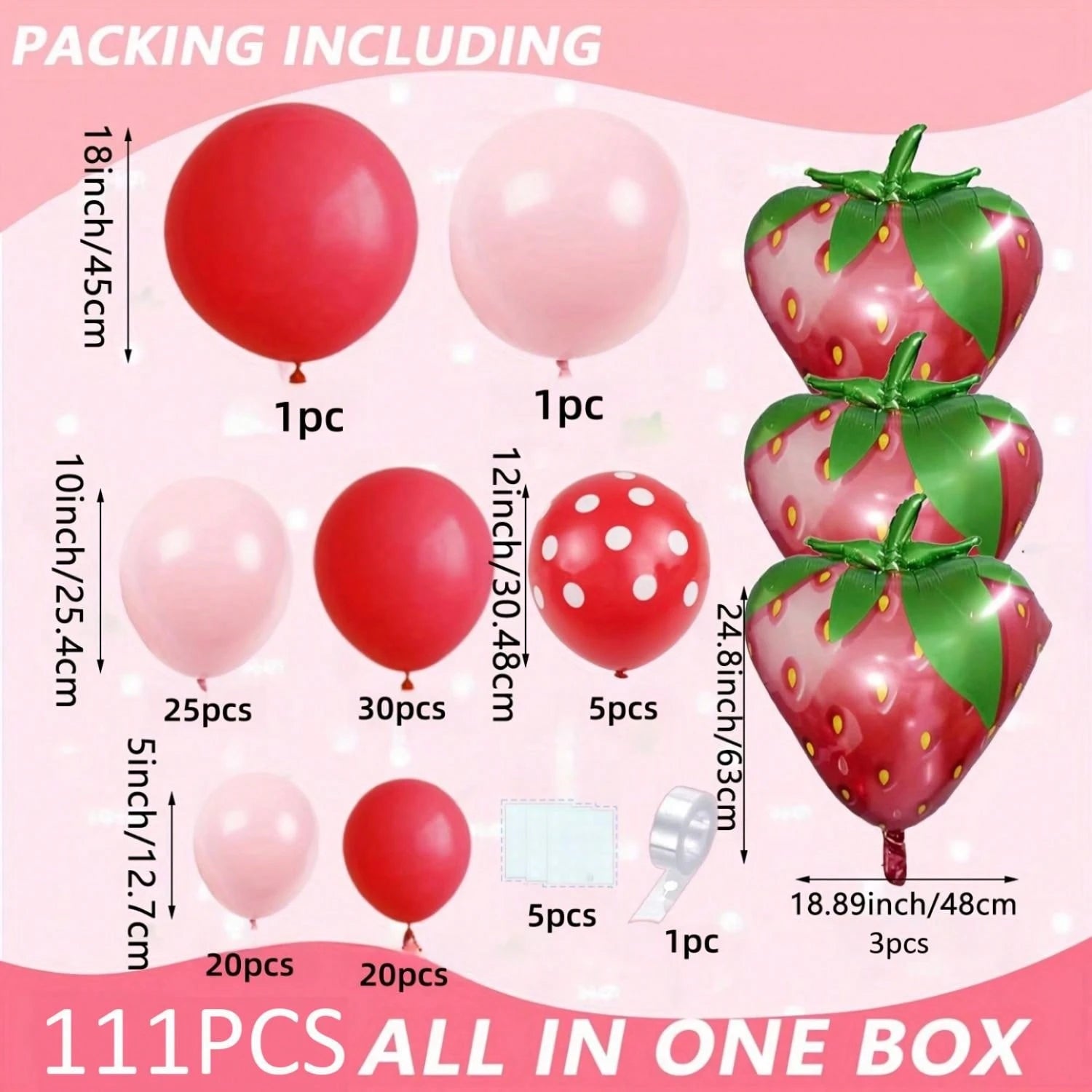 111 Pieces Of Red, Pink, And Strawberry Aluminum Balloon Garland Set, Used For Decorating Boys, Girls, Children's Birthdays, Baby Showers, And Parties