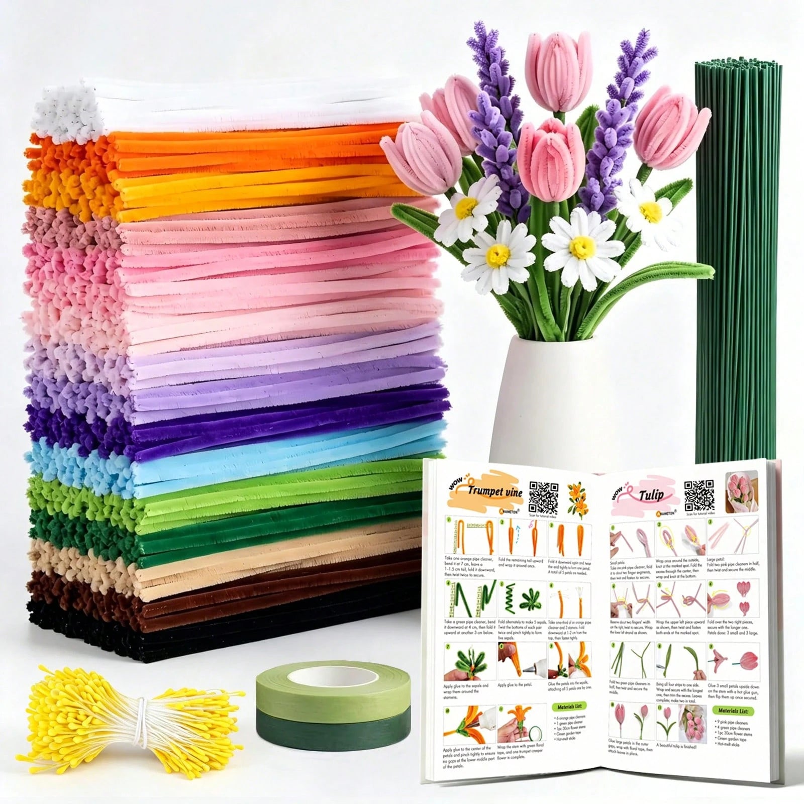 1183 Pcs Premium Chenille Stems Flower Making Kit With Tutorial Booklet, 16 Carefully Selected Colors Pipe Cleaners, Floral Stem Wire, Flower Stamens, Tutorial Booklet & Floral Tape, DIY Handmade Flow