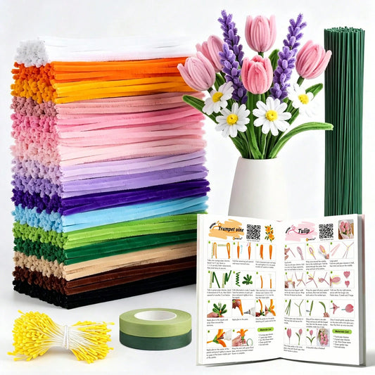 1183 Pcs Premium Chenille Stems Flower Making Kit With Tutorial Booklet, 16 Carefully Selected Colors Pipe Cleaners, Floral Stem Wire, Flower Stamens, Tutorial Booklet & Floral Tape, DIY Handmade Flow