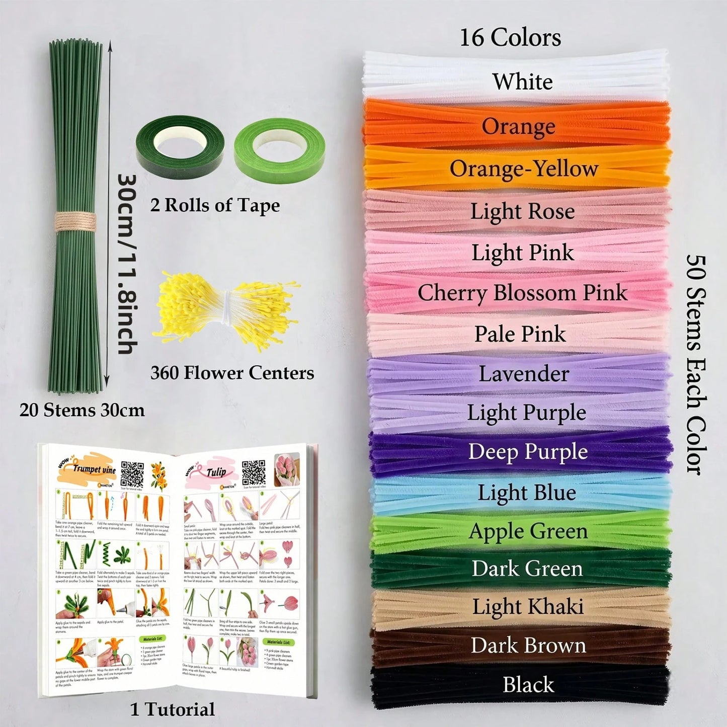1183 Pcs Premium Chenille Stems Flower Making Kit With Tutorial Booklet, 16 Carefully Selected Colors Pipe Cleaners, Floral Stem Wire, Flower Stamens, Tutorial Booklet & Floral Tape, DIY Handmade Flow
