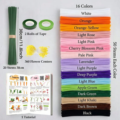 1183 Pcs Premium Chenille Stems Flower Making Kit With Tutorial Booklet, 16 Carefully Selected Colors Pipe Cleaners, Floral Stem Wire, Flower Stamens, Tutorial Booklet & Floral Tape, DIY Handmade Flow