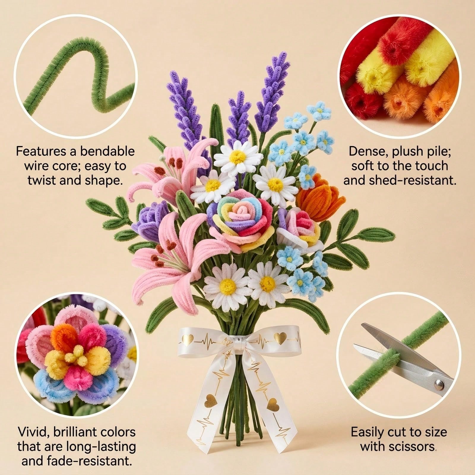 1183 Pcs Premium Chenille Stems Flower Making Kit With Tutorial Booklet, 16 Carefully Selected Colors Pipe Cleaners, Floral Stem Wire, Flower Stamens, Tutorial Booklet & Floral Tape, DIY Handmade Flow