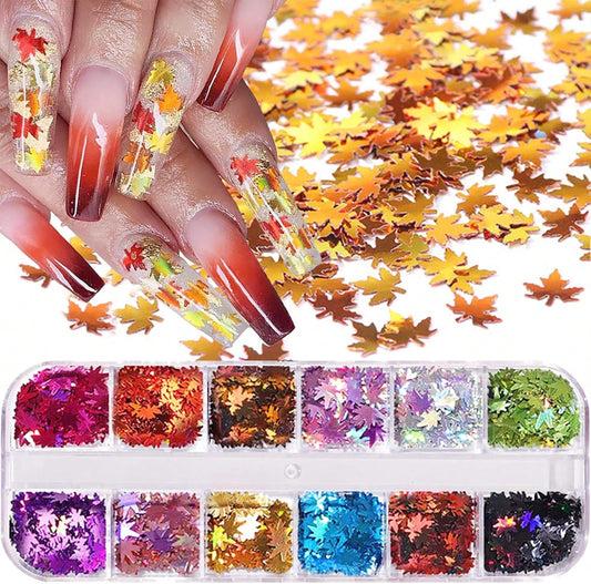 12 Colors Fall Leaf Glitter Nail Sequins- 3D Maple Leaf Holographic Nail Art Flakes Colorful Confetti Glitter Sticker Decals Manicure Nail Art Design Makeup DIY Christmas Decorations