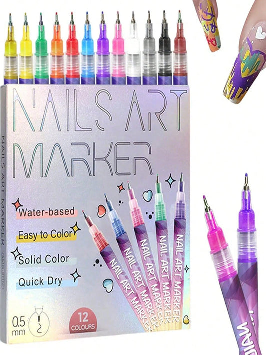 12 Colors Nail Art Pen Set, Nail Art Markers, Suitable For 3D Nail Art, Painting Graffiti Line Pens, DIY Nail Decoration Tools