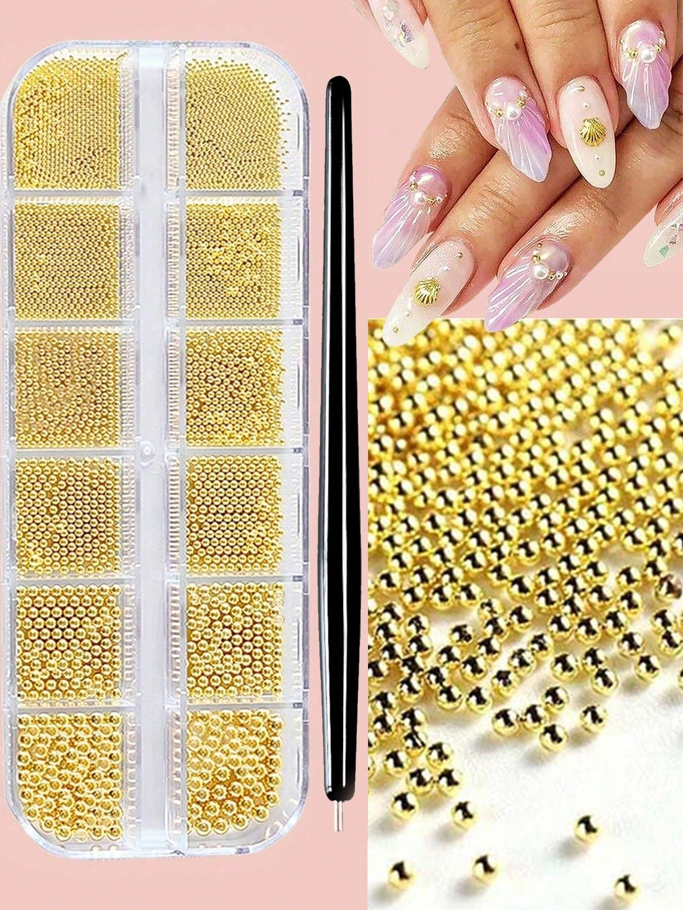 12 Grids/Box Gold Stainless Steel Metal Beads Nail Art Decoration, 3D Mini 1mm Caviar Balls Silver Pendant Faux Pearl Nail Supplies, Nail Jewelry Nails Nail Charms