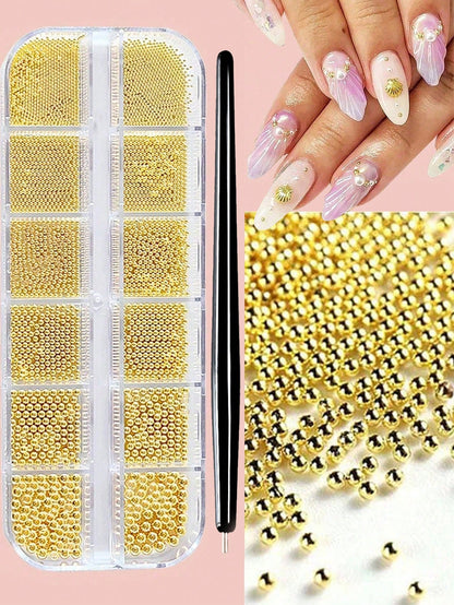 12 Grids/Box Gold Stainless Steel Metal Beads Nail Art Decoration, 3D Mini 1mm Caviar Balls Silver Pendant Faux Pearl Nail Supplies, Nail Jewelry Nails Nail Charms