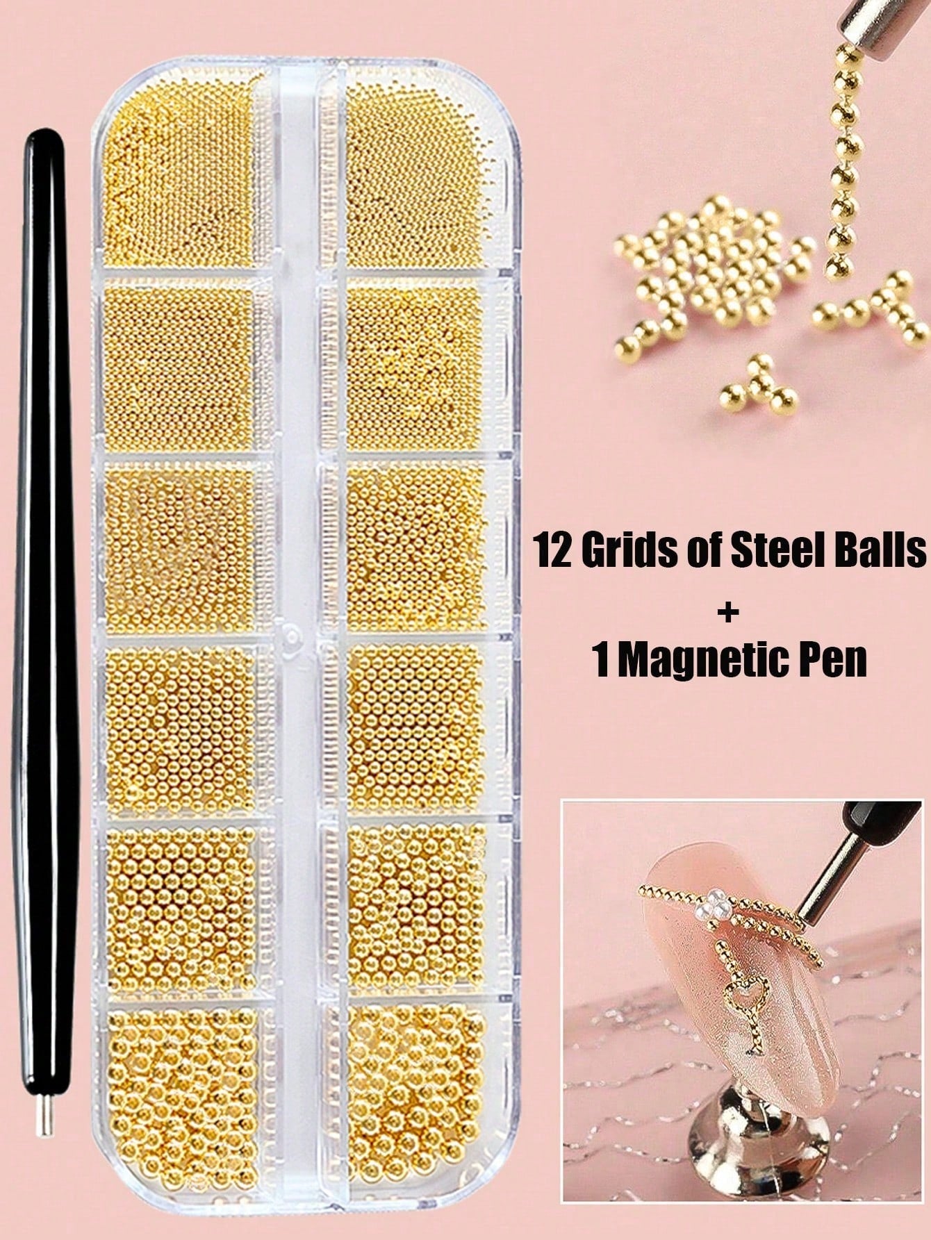 12 Grids/Box Gold Stainless Steel Metal Beads Nail Art Decoration, 3D Mini 1mm Caviar Balls Silver Pendant Faux Pearl Nail Supplies, Nail Jewelry Nails Nail Charms