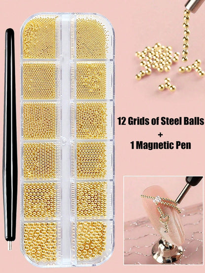 12 Grids/Box Gold Stainless Steel Metal Beads Nail Art Decoration, 3D Mini 1mm Caviar Balls Silver Pendant Faux Pearl Nail Supplies, Nail Jewelry Nails Nail Charms