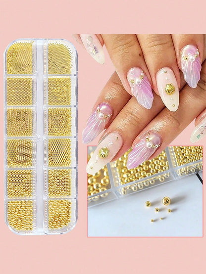 12 Grids/Box Gold Stainless Steel Metal Beads Nail Art Decoration, 3D Mini 1mm Caviar Balls Silver Pendant Faux Pearl Nail Supplies, Nail Jewelry Nails Nail Charms