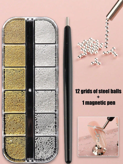 12 Grids/Box Gold Stainless Steel Metal Beads Nail Art Decoration, 3D Mini 1mm Caviar Balls Silver Pendant Faux Pearl Nail Supplies, Nail Jewelry Nails Nail Charms