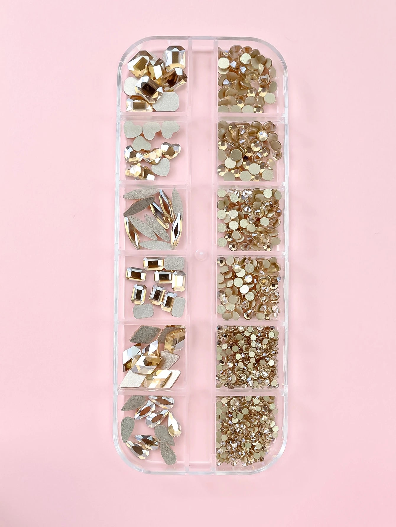 12 Grids Multi-Shaped Flat-Bottomed 3D Nail Art Rhinestones, Glass Mineral Punk-Style Golden Crystals Jewelry Tool Set Diy Craft, Facial, Clothing, Nail Art Decorations Nail Charms Nail Gems Nail Supp