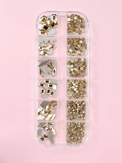 12 Grids Multi-Shaped Flat-Bottomed 3D Nail Art Rhinestones, Glass Mineral Punk-Style Golden Crystals Jewelry Tool Set Diy Craft, Facial, Clothing, Nail Art Decorations Nail Charms Nail Gems Nail Supp