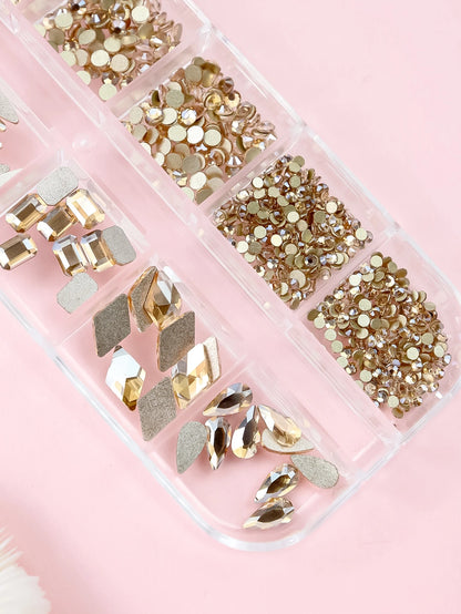12 Grids Multi-Shaped Flat-Bottomed 3D Nail Art Rhinestones, Glass Mineral Punk-Style Golden Crystals Jewelry Tool Set Diy Craft, Facial, Clothing, Nail Art Decorations Nail Charms Nail Gems Nail Supp
