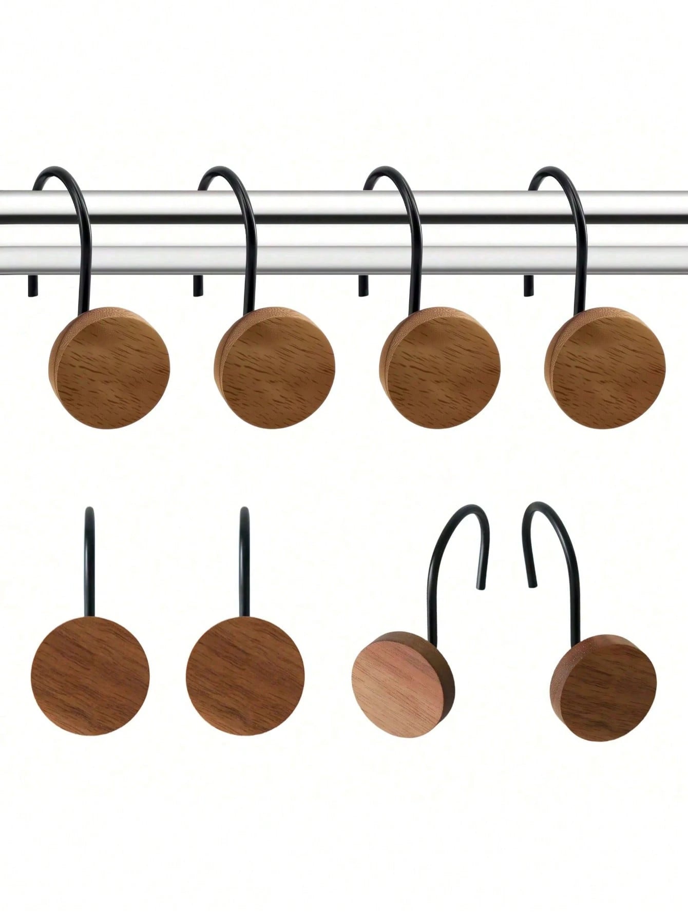 12-Piece Set Of Wooden Shower Curtain Hooks, Decorative Metal Shower Curtain Hooks, Home Accessories, Waterproof And Rust-Free.