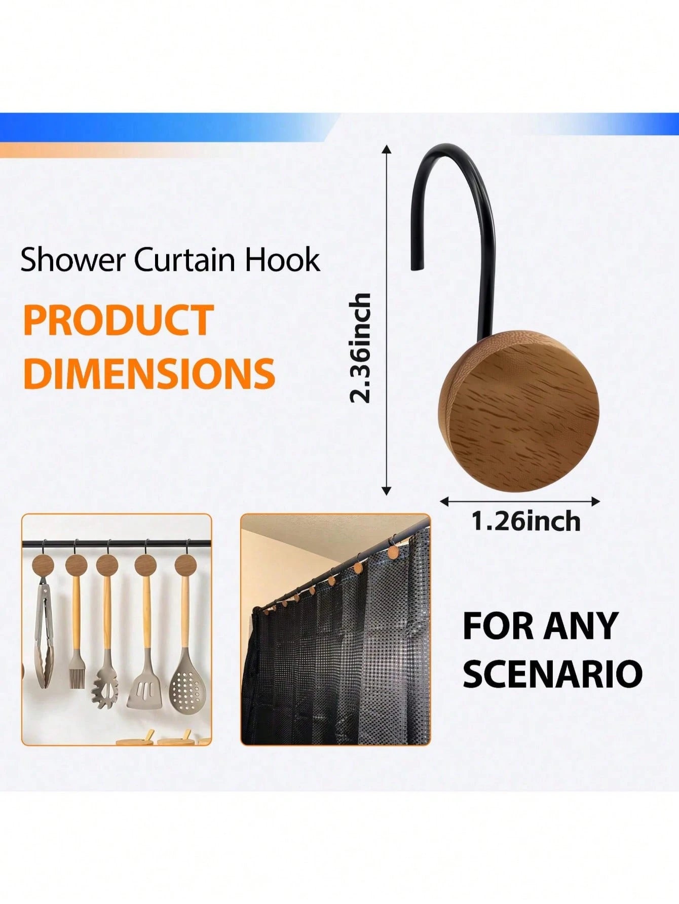 12-Piece Set Of Wooden Shower Curtain Hooks, Decorative Metal Shower Curtain Hooks, Home Accessories, Waterproof And Rust-Free.