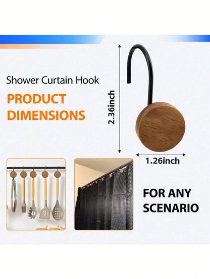 12-Piece Set Of Wooden Shower Curtain Hooks, Decorative Metal Shower Curtain Hooks, Home Accessories, Waterproof And Rust-Free.