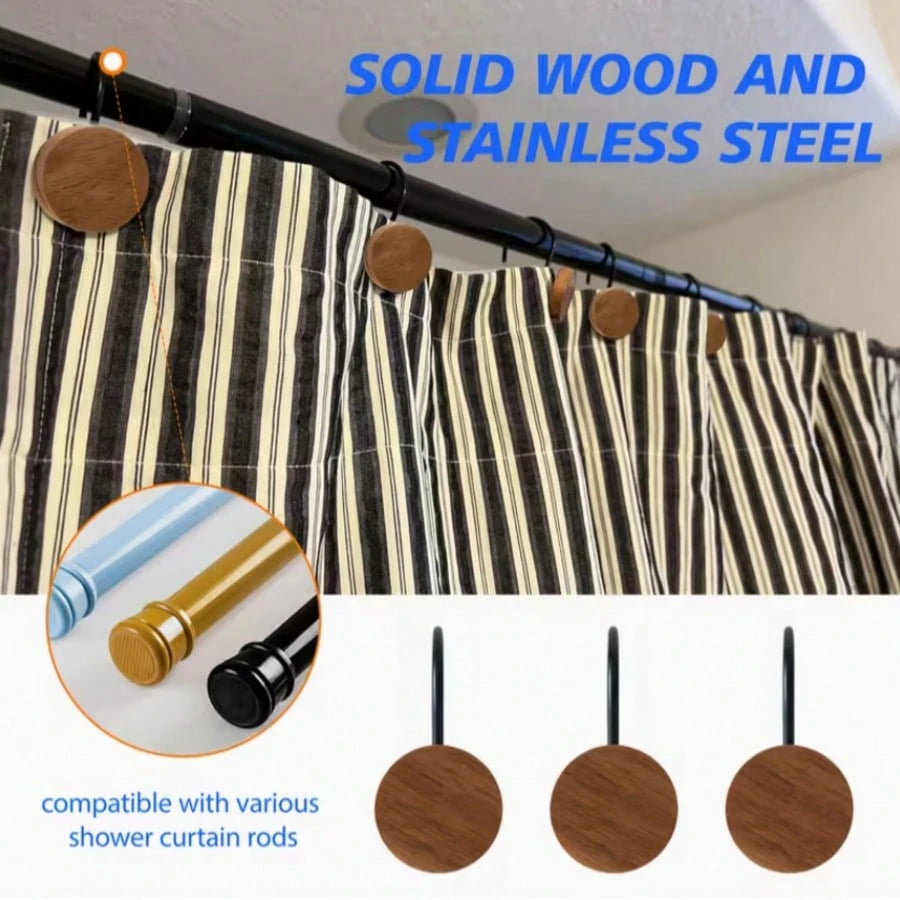 12-Piece Set Of Wooden Shower Curtain Hooks, Decorative Metal Shower Curtain Hooks, Home Accessories, Waterproof And Rust-Free.