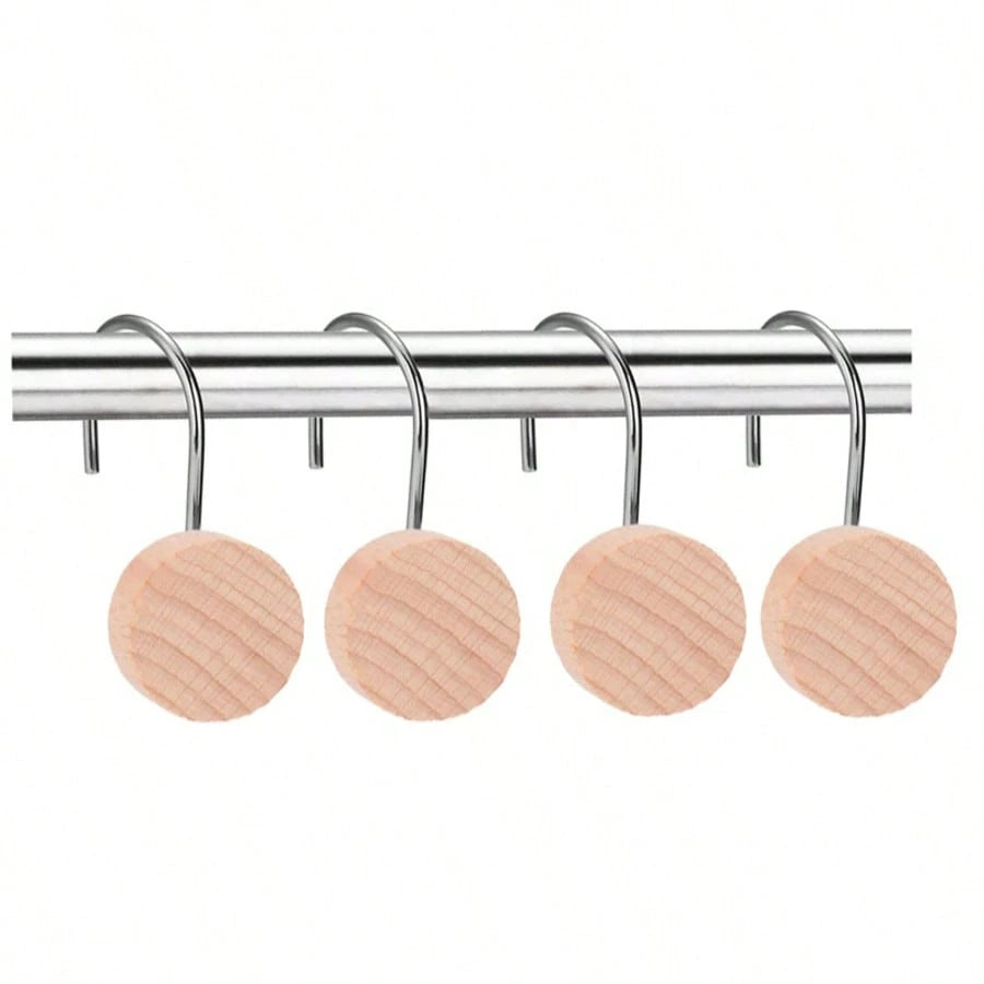 12-Piece Set Of Wooden Shower Curtain Hooks, Decorative Metal Shower Curtain Hooks, Home Accessories, Waterproof And Rust-Free.