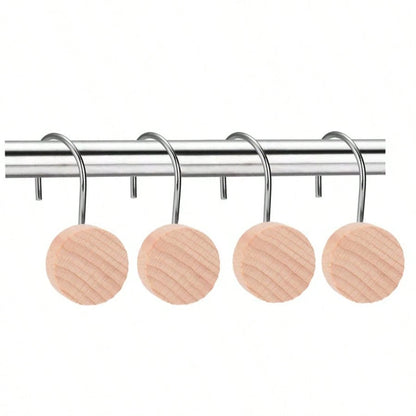 12-Piece Set Of Wooden Shower Curtain Hooks, Decorative Metal Shower Curtain Hooks, Home Accessories, Waterproof And Rust-Free.