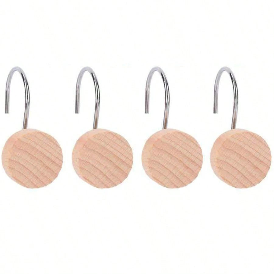 12-Piece Set Of Wooden Shower Curtain Hooks, Decorative Metal Shower Curtain Hooks, Home Accessories, Waterproof And Rust-Free.