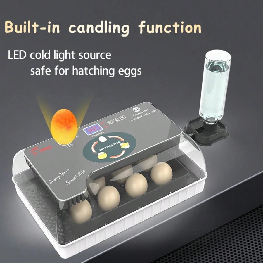12 Upgrade Egg Incubator- Automatic Egg Turner, Temperature Control, Built-In Candler, Auto Water Refill For Hatching Chicken, Duck, Quail & Bird Eggs