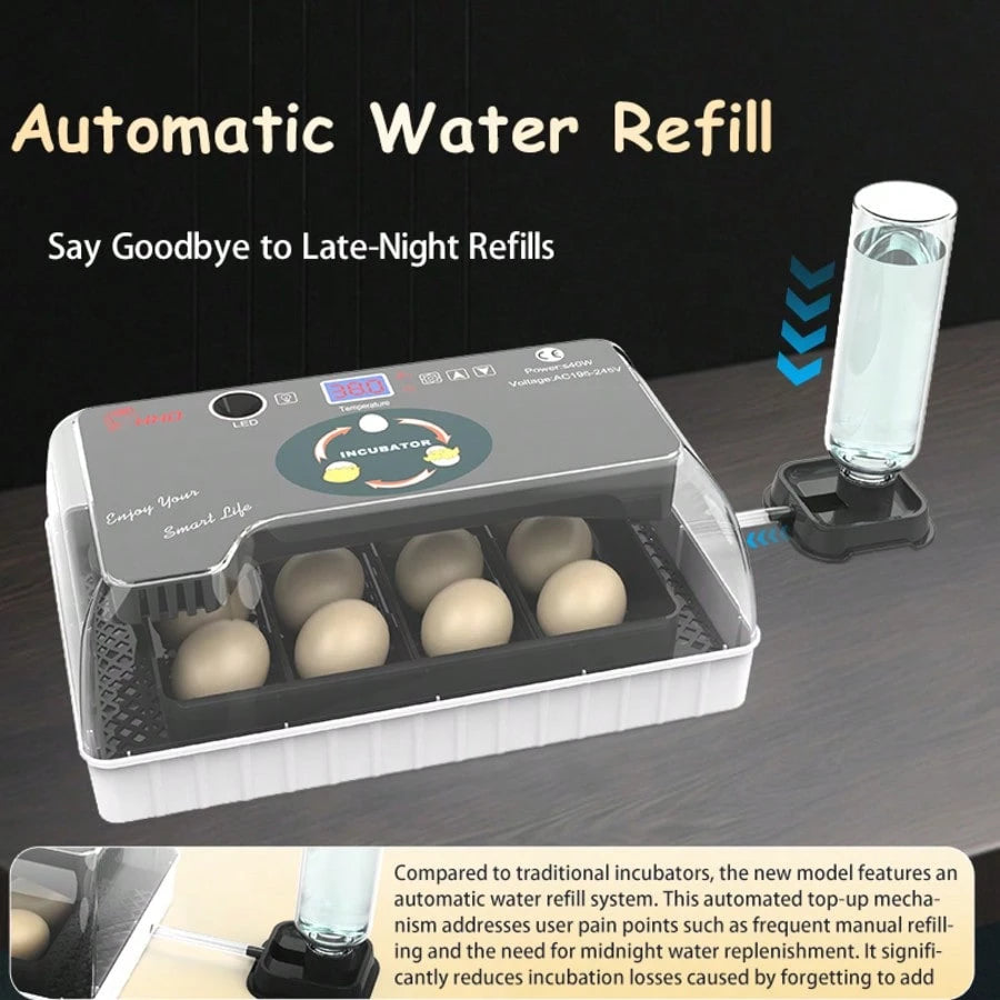 12 Upgrade Egg Incubator- Automatic Egg Turner, Temperature Control, Built-In Candler, Auto Water Refill For Hatching Chicken, Duck, Quail & Bird Eggs