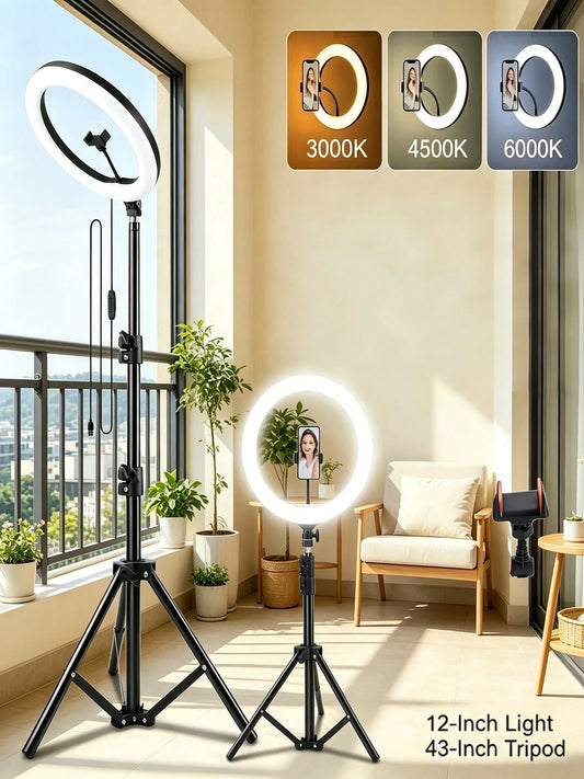 12" USB LED Ring Light Comes With Two Phone Clamp And A 110Cm Tripod Stand, Making It A Lightweight And Portable Solution For Circle Podcast Lighting, Perfect For Makeup, Live Streaming, Photography