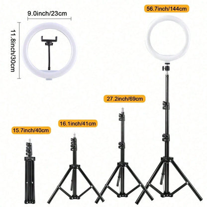 12" USB LED Ring Light Comes With Two Phone Clamp And A 110Cm Tripod Stand, Making It A Lightweight And Portable Solution For Circle Podcast Lighting, Perfect For Makeup, Live Streaming, Photography