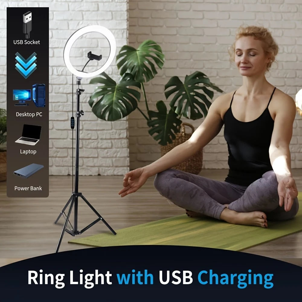 12" USB LED Ring Light Comes With Two Phone Clamp And A 110Cm Tripod Stand, Making It A Lightweight And Portable Solution For Circle Podcast Lighting, Perfect For Makeup, Live Streaming, Photography