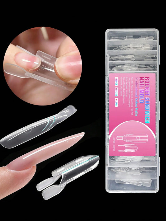 120pcs/Box Rocket Sandwich Nail Molds, 60pcs Upper Molds + 60pcs Lower Molds, 15 Sizes Reusable Transparent Acrylic Nail Dual Molds, No Clips No Paper Molds Needed, Fast Nail Extension Molds Suitable