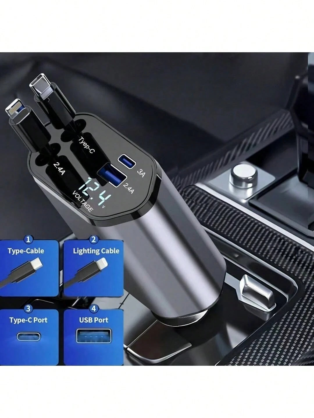 120W Retractable 4-In-1 Fast Charging Car Charging Cable 4-Port Car Charger Adapter Compatible With All Devices- And Reliable Car Plug