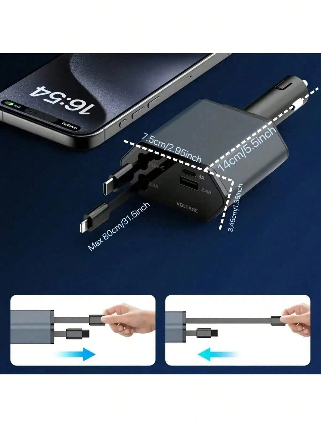 120W Retractable 4-In-1 Fast Charging Car Charging Cable 4-Port Car Charger Adapter Compatible With All Devices- And Reliable Car Plug