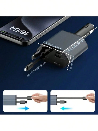 120W Retractable 4-In-1 Fast Charging Car Charging Cable 4-Port Car Charger Adapter Compatible With All Devices- And Reliable Car Plug