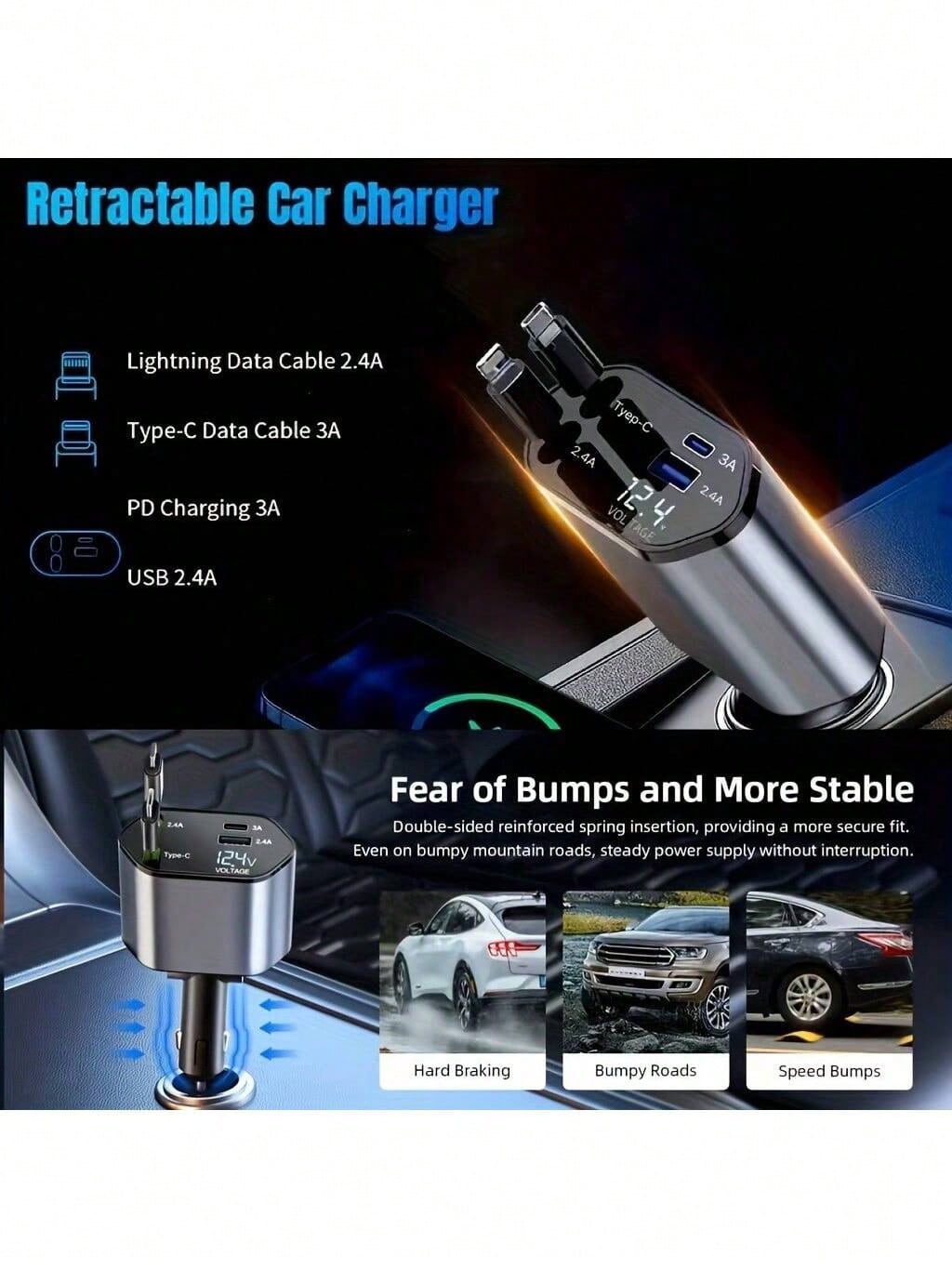 120W Retractable 4-In-1 Fast Charging Car Charging Cable 4-Port Car Charger Adapter Compatible With All Devices- And Reliable Car Plug