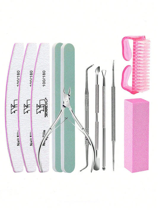 12pcs Manicure Tools Set: 100/180 Grit Nail Files, Buffing Blocks, Cuticle Nipper, Cuticle Pusher, Cleaning Brush, Professional Pink Nail Care Kit, For Women