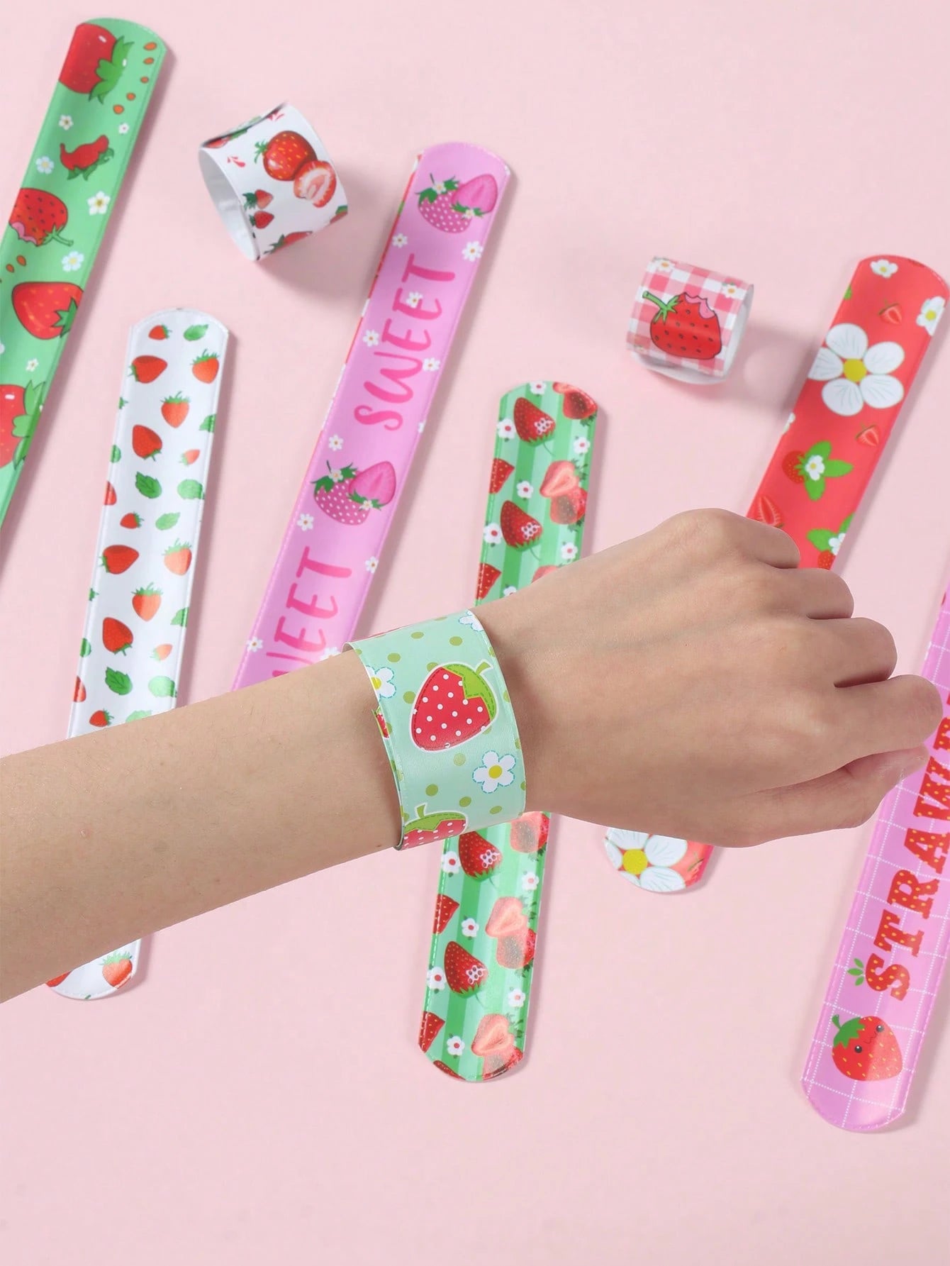 12Pcs Strawberry Birthday Slap Plastic Wristband,Strawberry Theme Birthday Party Decor,Baby Girl Shower Decorations,1st Birthday Party Decor,Gender Reveal Party Supplies,Baby Shower Party Favors,Funny