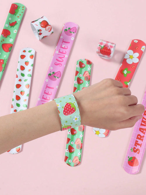 12Pcs Strawberry Birthday Slap Plastic Wristband,Strawberry Theme Birthday Party Decor,Baby Girl Shower Decorations,1st Birthday Party Decor,Gender Reveal Party Supplies,Baby Shower Party Favors,Funny