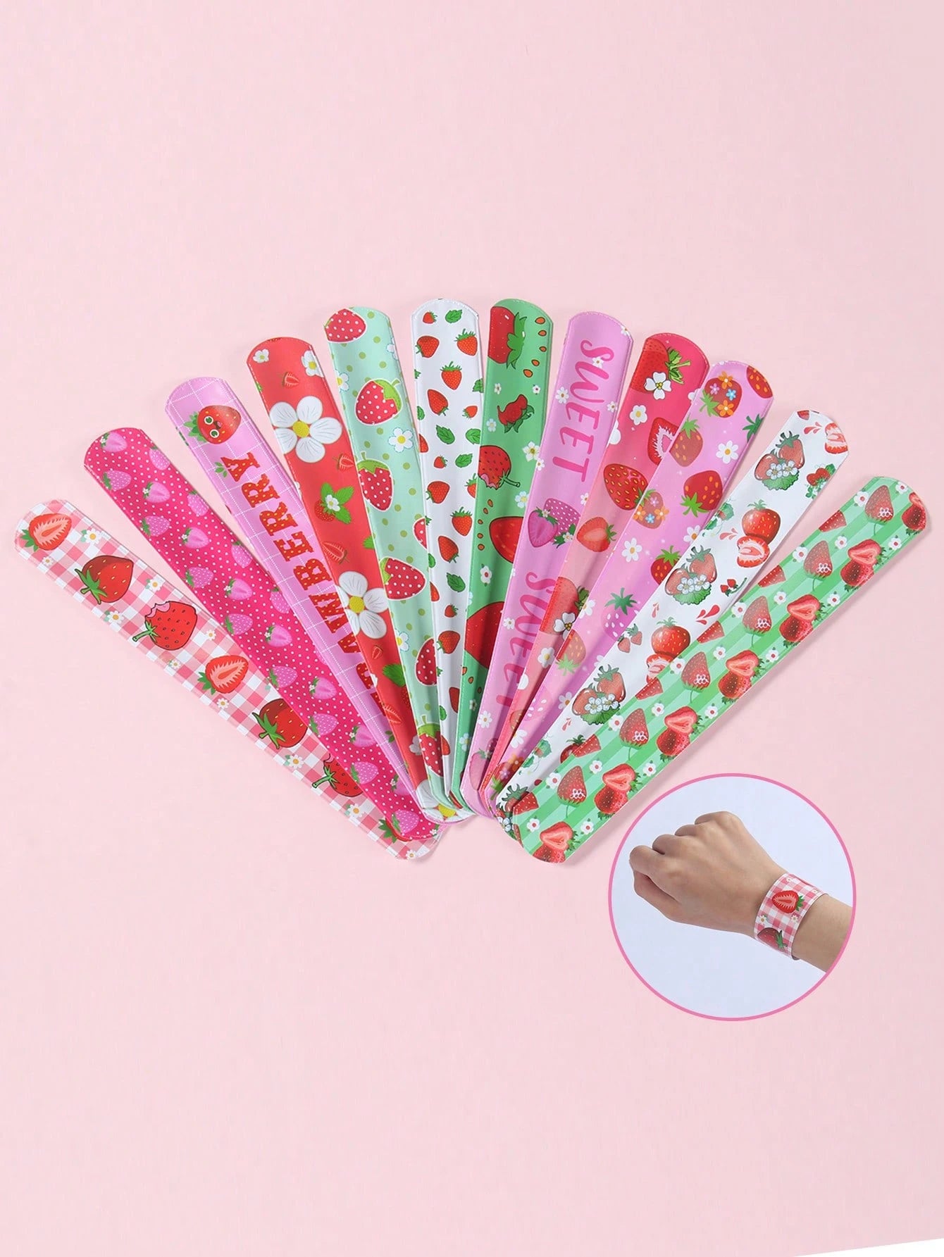 12Pcs Strawberry Birthday Slap Plastic Wristband,Strawberry Theme Birthday Party Decor,Baby Girl Shower Decorations,1st Birthday Party Decor,Gender Reveal Party Supplies,Baby Shower Party Favors,Funny