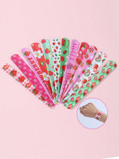 12Pcs Strawberry Birthday Slap Plastic Wristband,Strawberry Theme Birthday Party Decor,Baby Girl Shower Decorations,1st Birthday Party Decor,Gender Reveal Party Supplies,Baby Shower Party Favors,Funny