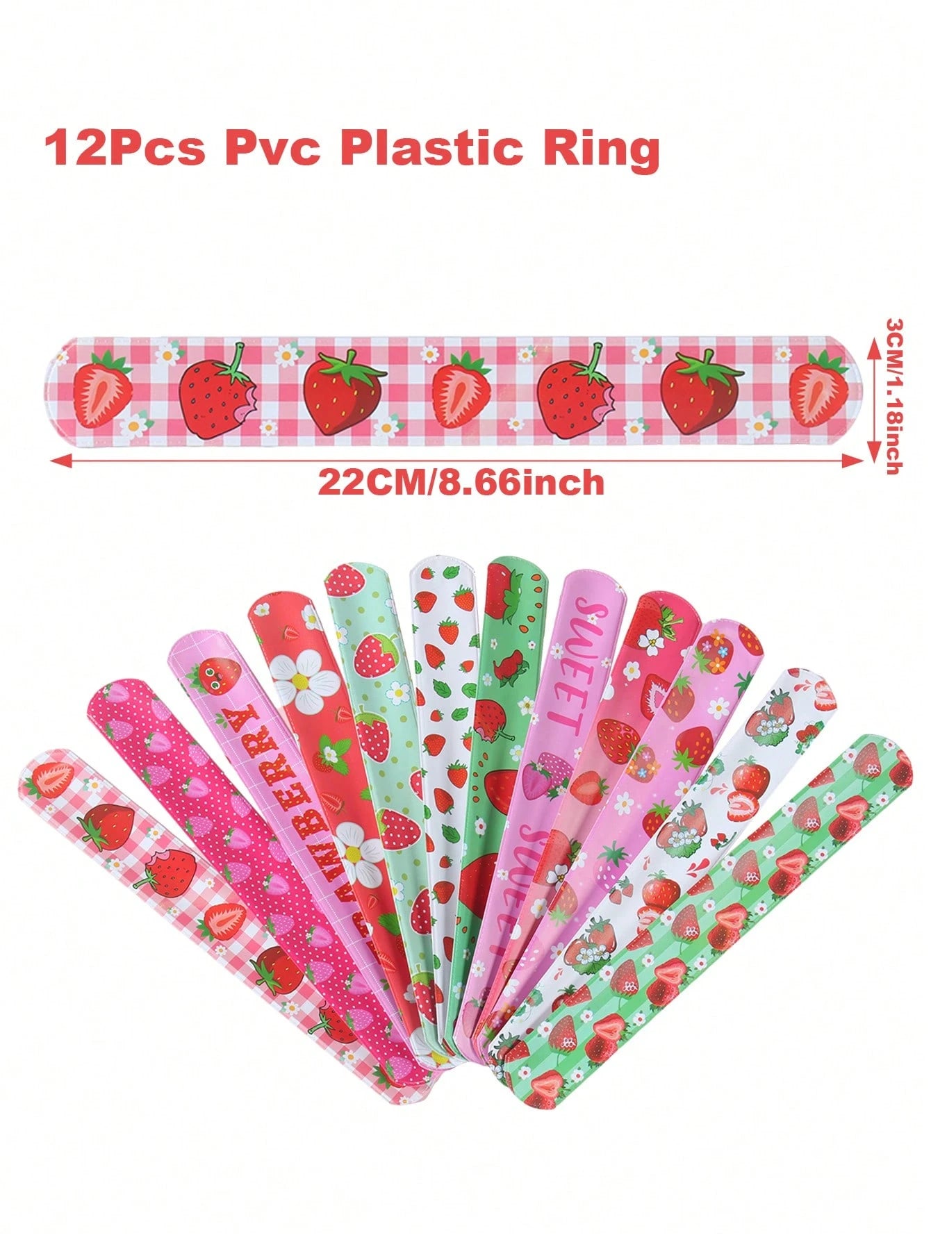 12Pcs Strawberry Birthday Slap Plastic Wristband,Strawberry Theme Birthday Party Decor,Baby Girl Shower Decorations,1st Birthday Party Decor,Gender Reveal Party Supplies,Baby Shower Party Favors,Funny