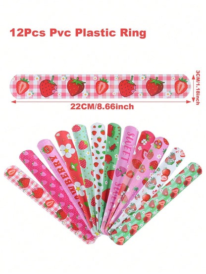 12Pcs Strawberry Birthday Slap Plastic Wristband,Strawberry Theme Birthday Party Decor,Baby Girl Shower Decorations,1st Birthday Party Decor,Gender Reveal Party Supplies,Baby Shower Party Favors,Funny