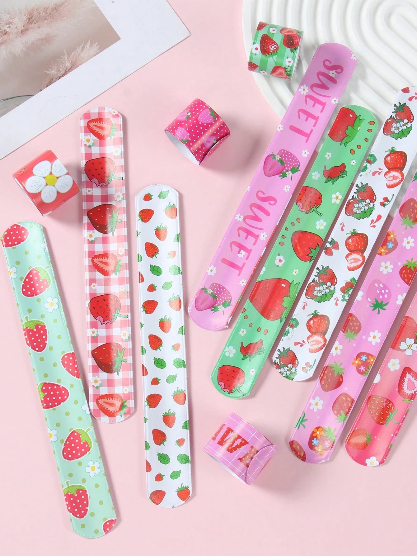 12Pcs Strawberry Birthday Slap Plastic Wristband,Strawberry Theme Birthday Party Decor,Baby Girl Shower Decorations,1st Birthday Party Decor,Gender Reveal Party Supplies,Baby Shower Party Favors,Funny