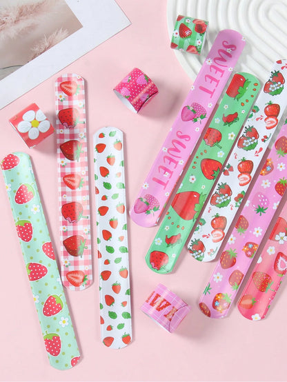 12Pcs Strawberry Birthday Slap Plastic Wristband,Strawberry Theme Birthday Party Decor,Baby Girl Shower Decorations,1st Birthday Party Decor,Gender Reveal Party Supplies,Baby Shower Party Favors,Funny